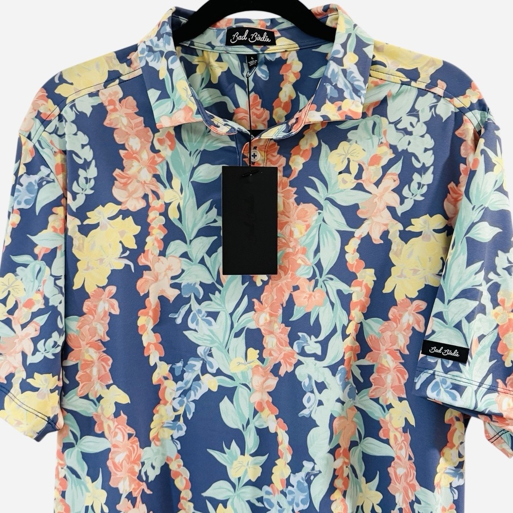 Bad Birdie Core Polo Mens Large Blue Lei'd Floral Short Sleeve Golf Shirt New